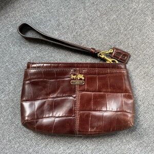 Coach Dark Brown Croc Embossed Wallet Wristlet